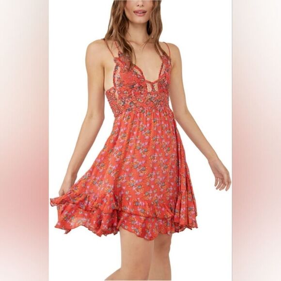 Free People Ladies Size Small Floral Frilled Chemise Dress Orange - Picture 2 of 10